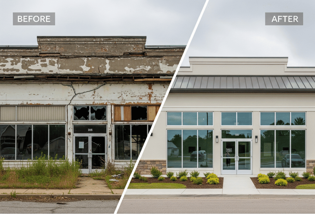 Dilapidated storefront before renovation, now a modern commercial building with fresh exterior.
