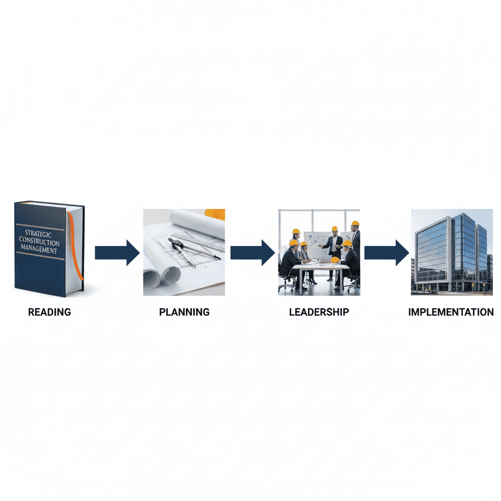 Diagram of four steps from reading a strategic construction management book to planning, leadership, and implementation