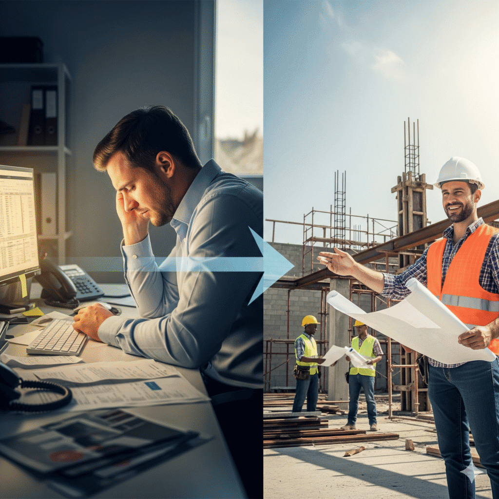 Efficient project management, construction site, architectural planning, teamwork, engineering.