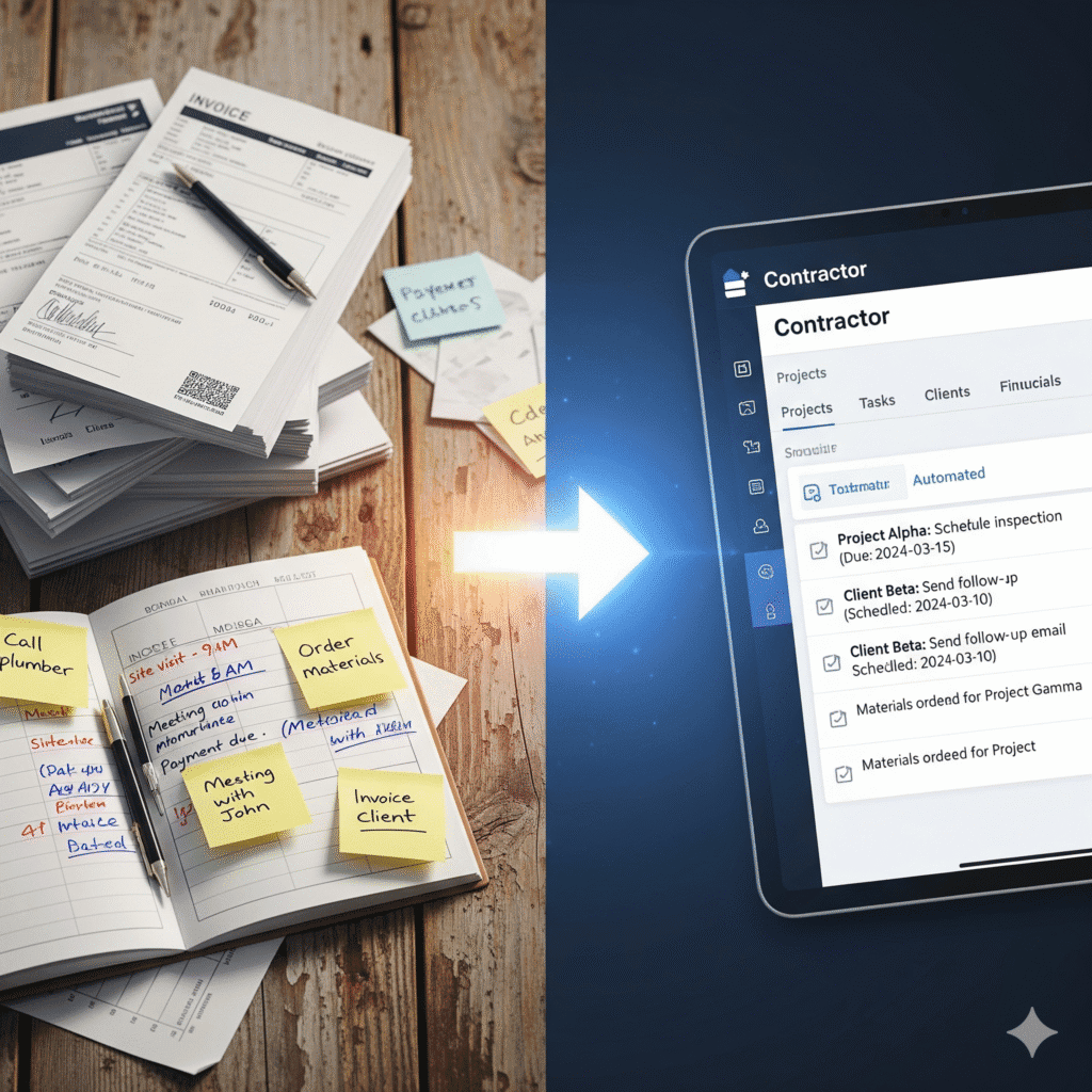 A stack of papers with sticky notes transitions to a digital interface on a tablet. The shift from clutter to organized tasks suggests efficiency and modernization, and marketing automation for contractors