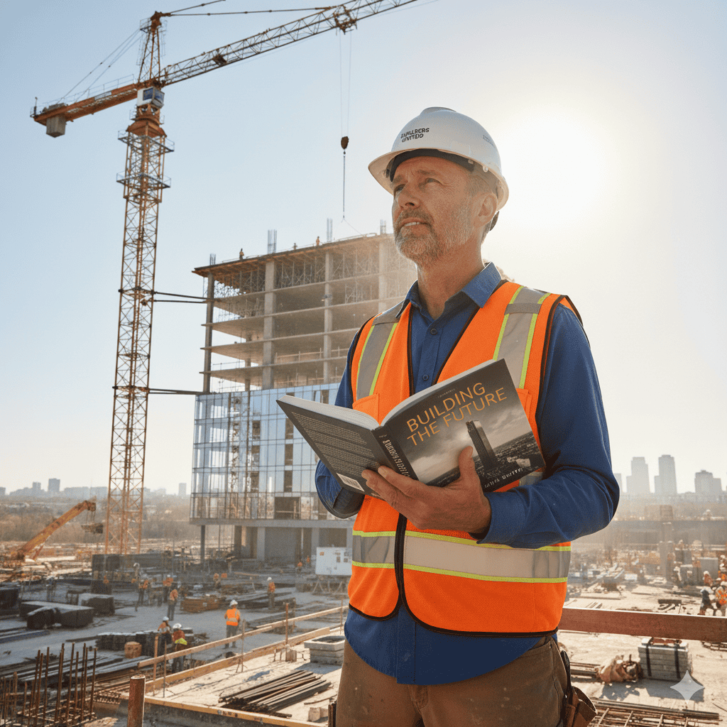 white construction worker on a construction site executive looking into the distance holding a book, thinking about turning his expertise into a published book