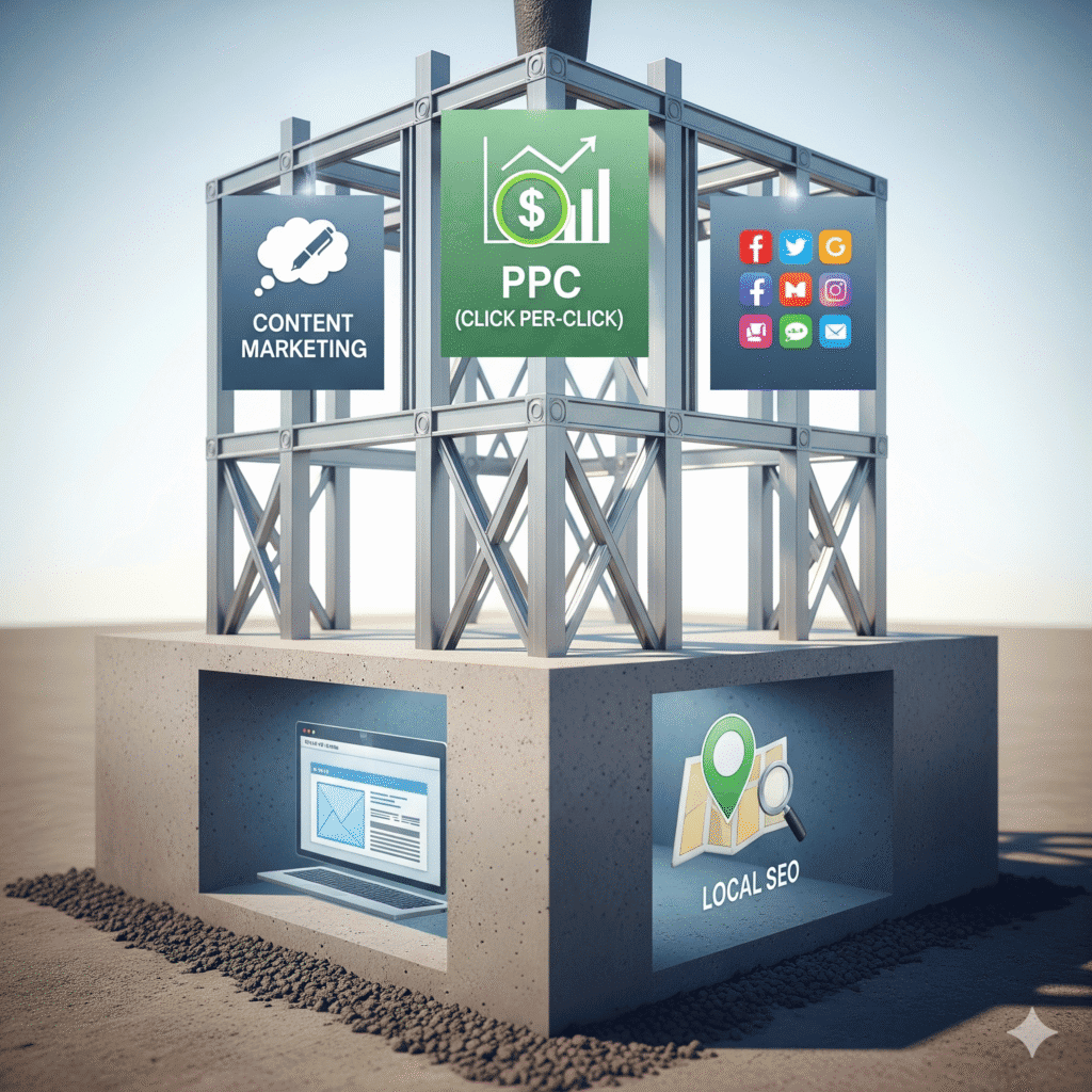 Internet Marketing for Contractors: Stand Out 2 PPC advertising and local SEO strategies depicted in a digital marketing sculpture showcasing content marketing, PPC (pay-per-click), and social media icons for effective online marketing campaigns.