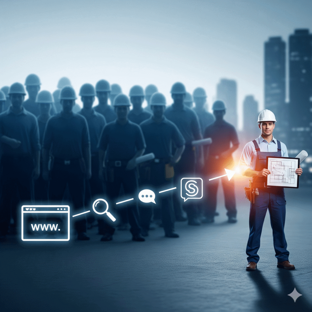 Internet Marketing for Contractors: Stand Out 1 Construction team with blueprint and digital icons representing project management, innovation, and building development for SEO relevance.
