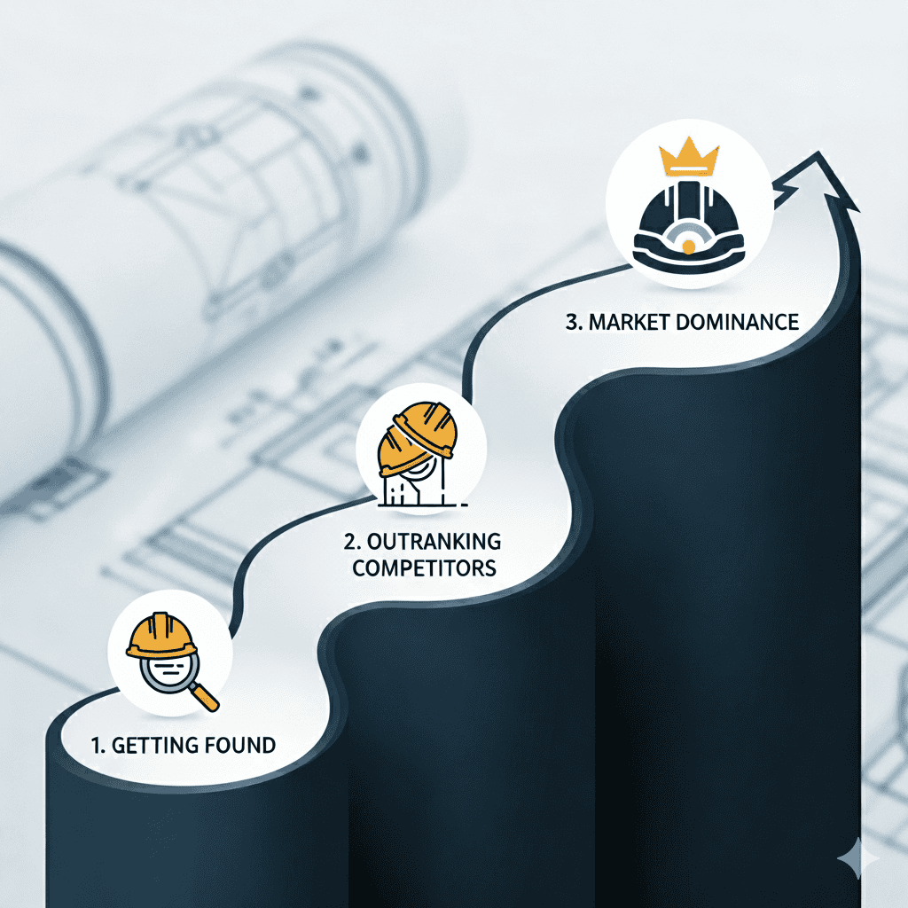 Blueprint illustration of business growth with market dominance, outmatching competitors, and getting found in digital marketing strategy, representing success steps, icons, and upward arrow, digital success concept.