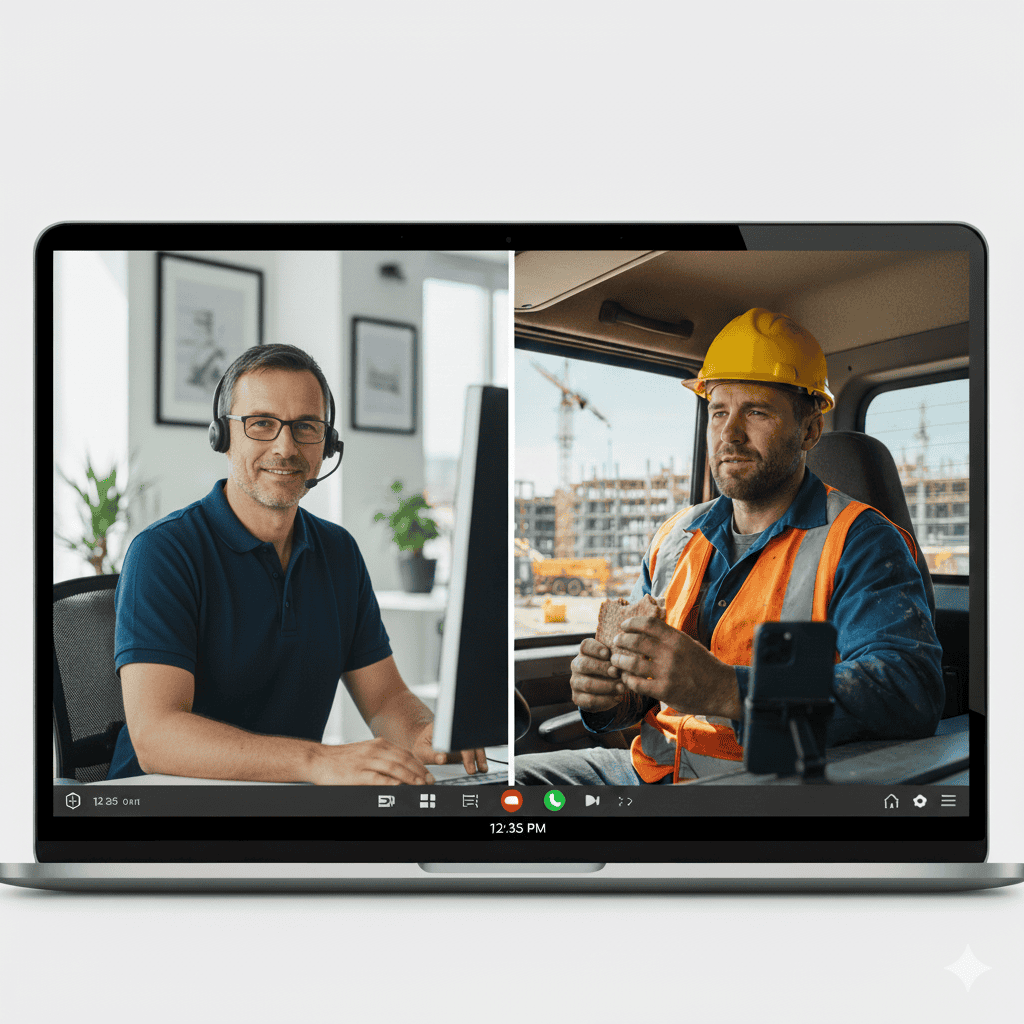 white male interviews a construction worker who is in his car eating lunch over a computer conference call