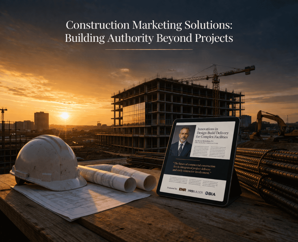 construction marketing solutions text and a hard hat with sun going down and building under construction in view
