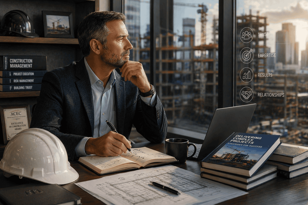 Professional man contemplating project strategies in construction with published books on table