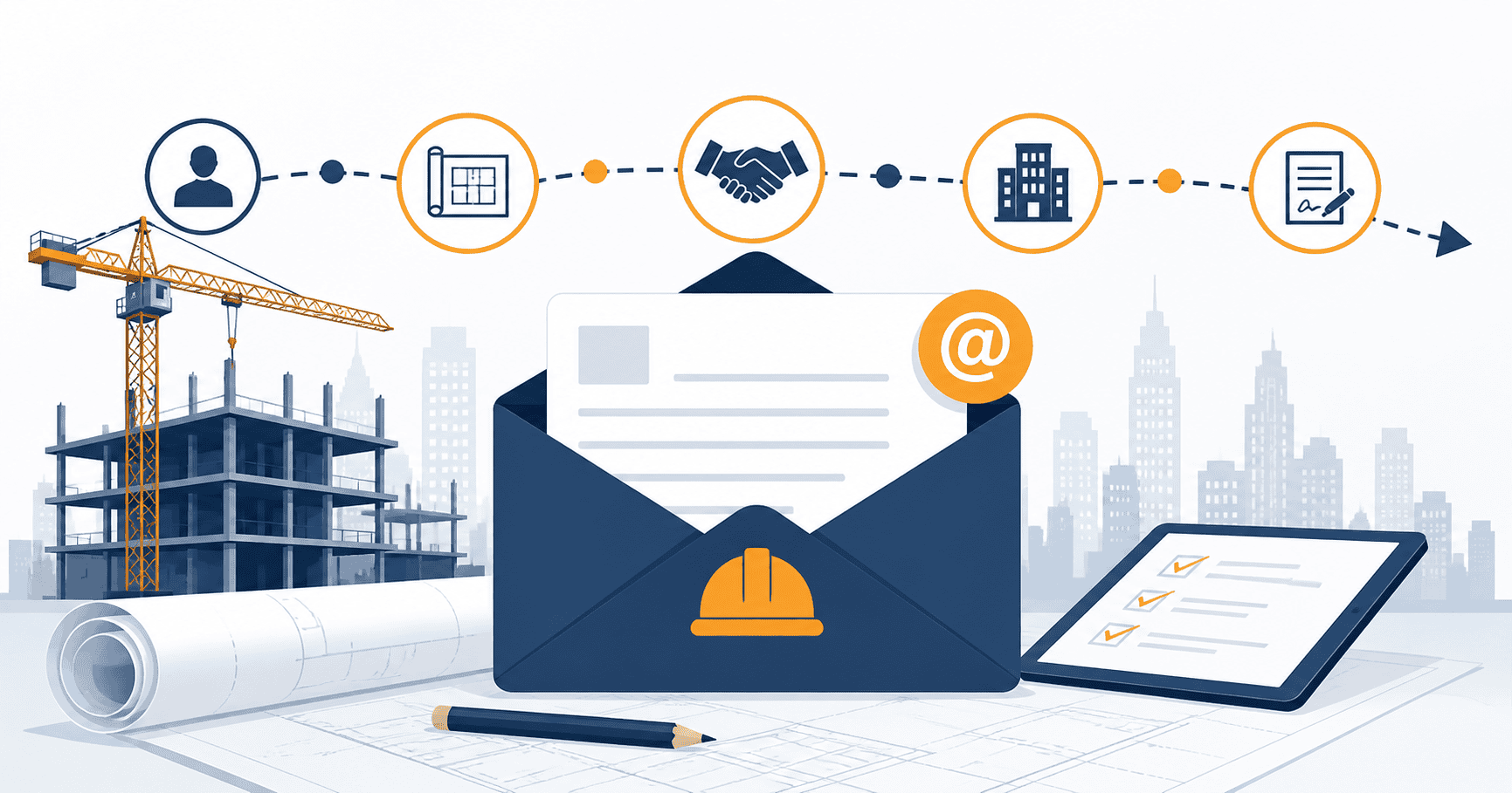 Construction safety helmet with wrench icon on an envelope, city skyline, and digital security icons in the background.
