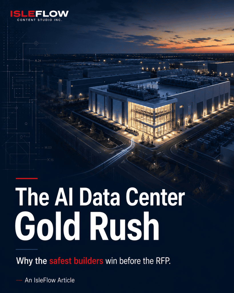 Ai data center campus at night with text at data center gold rush