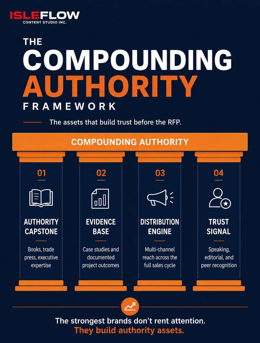 The Compounding Authority Framework — four pillars of B2B construction content strategy: Authority Capstone, Evidence Base, Distribution Engine, Trust Signal