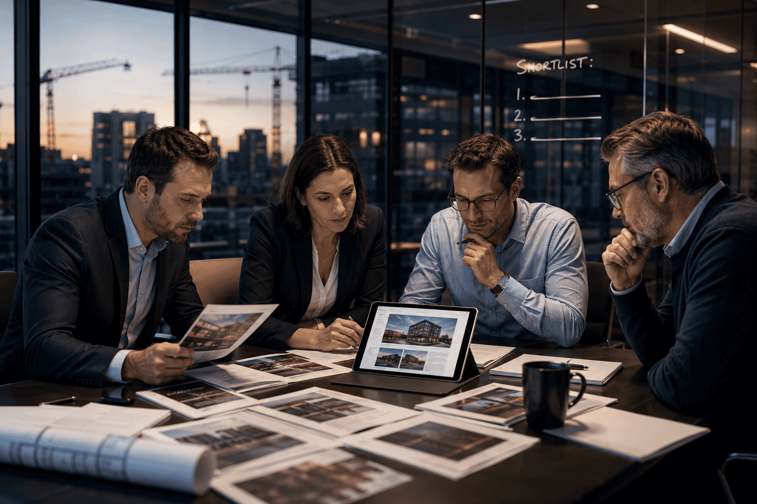 Commercial construction buying committee reviewing a contractor's published content before an RFP is issued