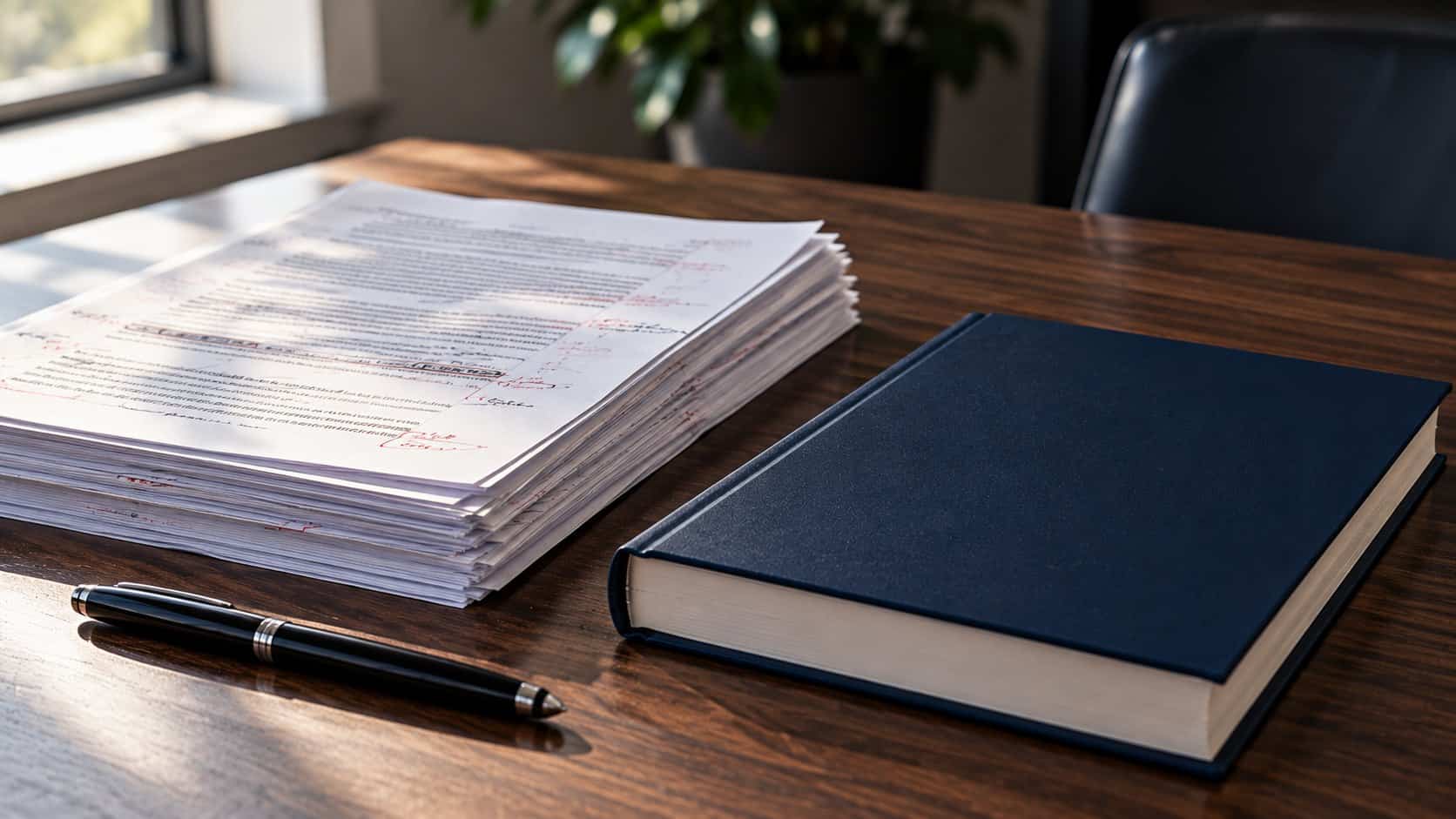 What Ghostwriting a Construction Book Costs 1 Stack of edited manuscript pages beside a finished navy hardcover book on a walnut table, representing the cost of ghostwriting a construction book.