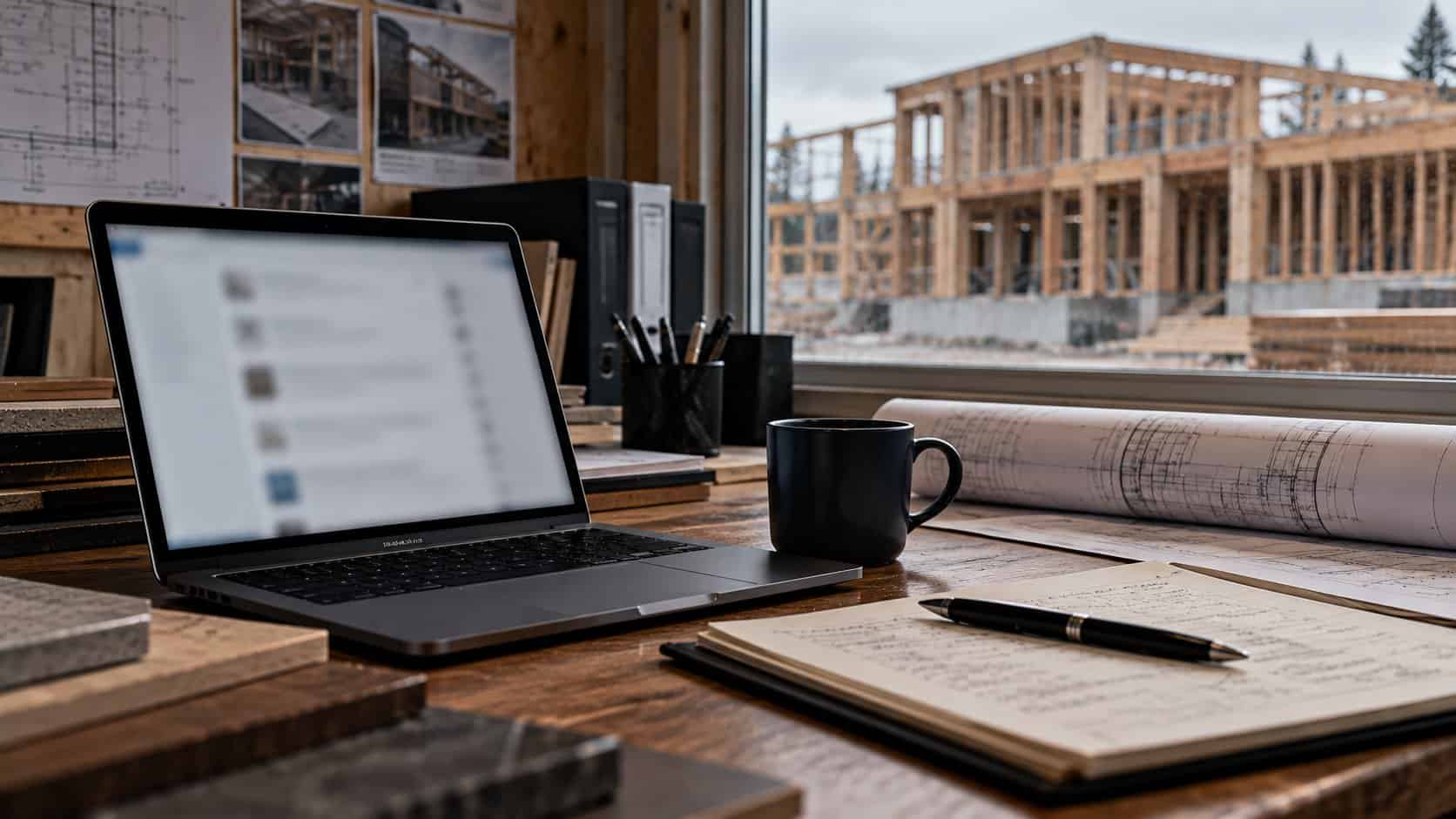 Laptop with a blurred feed on a construction site-office desk beside a coffee mug and rolled plans, with a wood-framed building under construction outside the window.