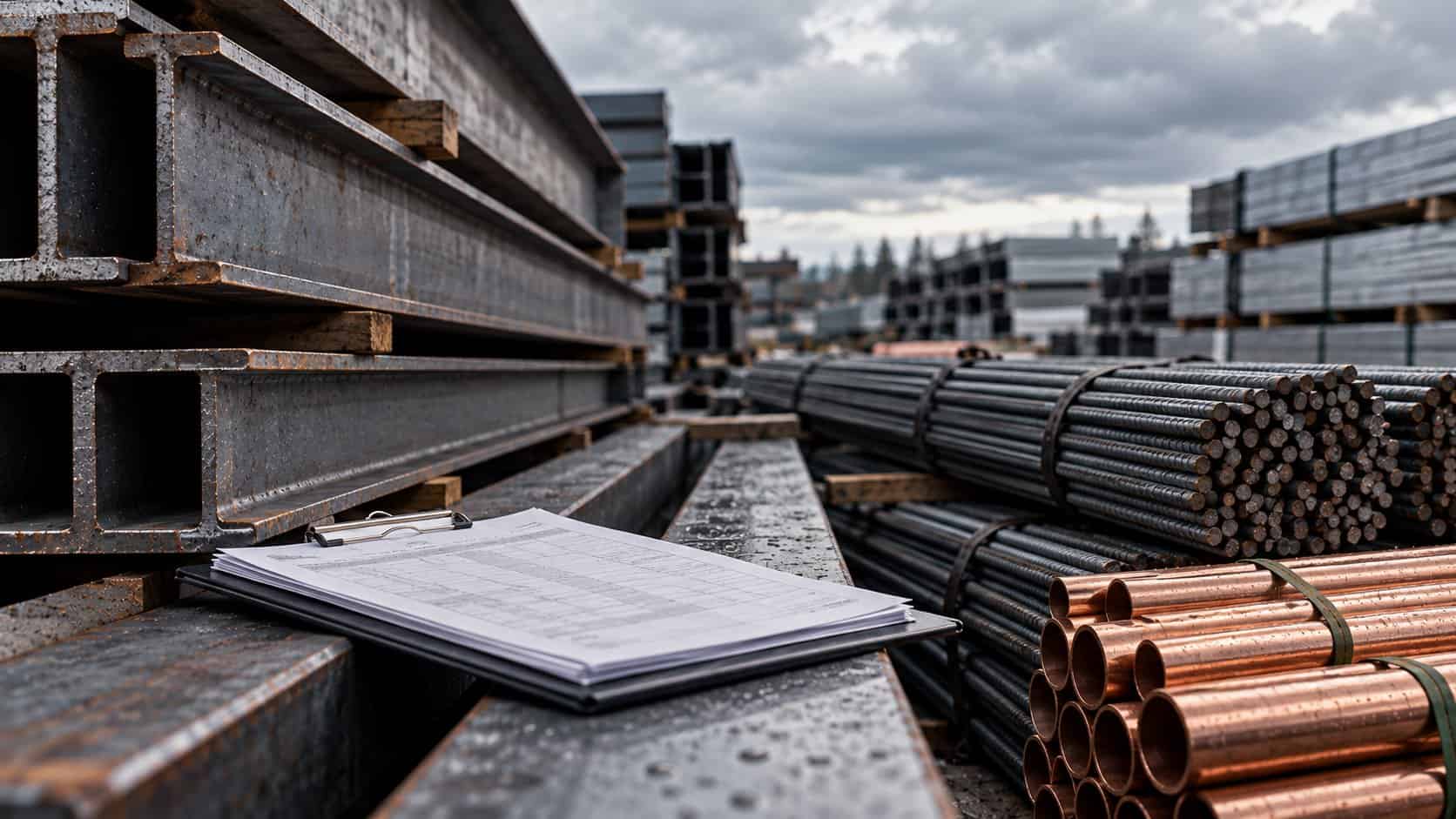 Stacked structural steel beams, rebar and copper pipe at a materials yard with a clipboard of material quote sheets, representing construction tariff cost pressure.